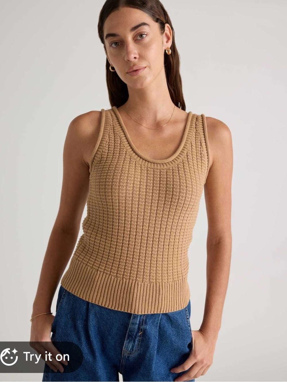 Quince 100% organic cotton waffle cropped knit swearer camel size S